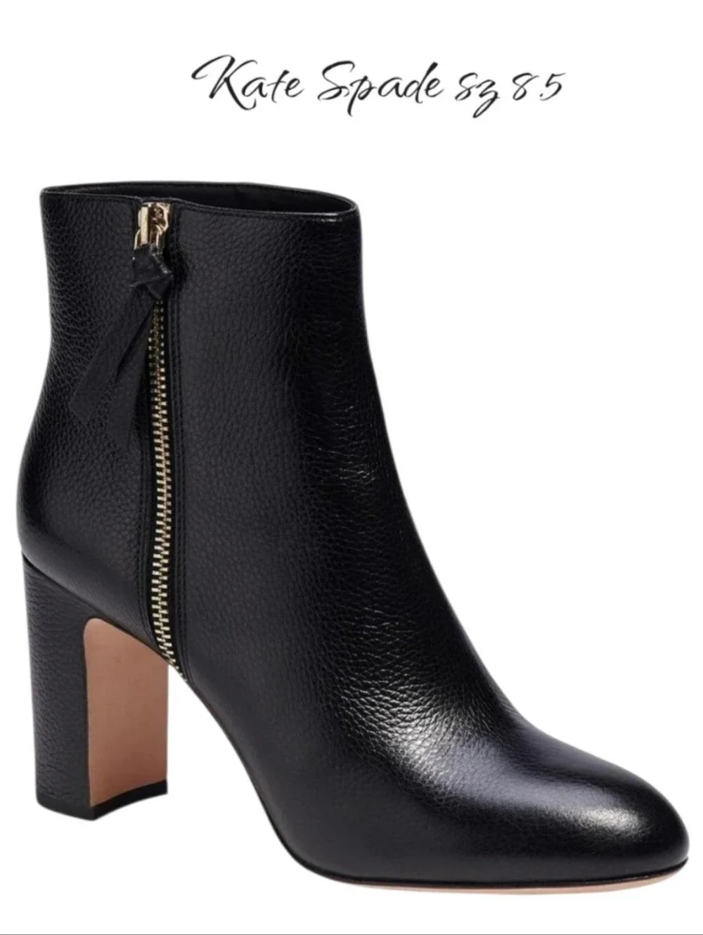 Kate Spade New York Knott Zip Black Leather Block Heel Ankle Booties Size 8.5
